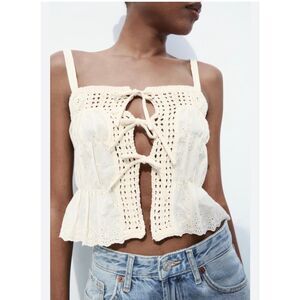 Zara Mixed Crochet/ Embroidered Ivory Cotton Front Ties Top Sz L NWT